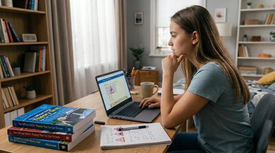 A learner driver revising for the DVSA theory test at a desk with official guides and a laptop